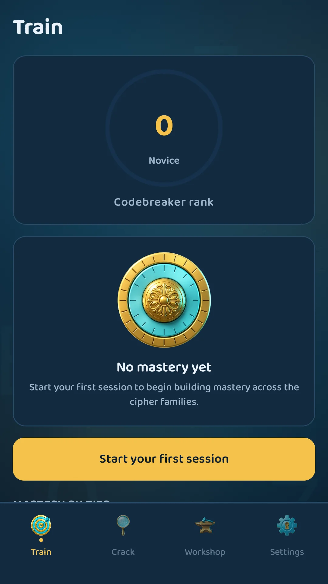 Mega Joker Train screen showing Codebreaker rank and the Start your first session button