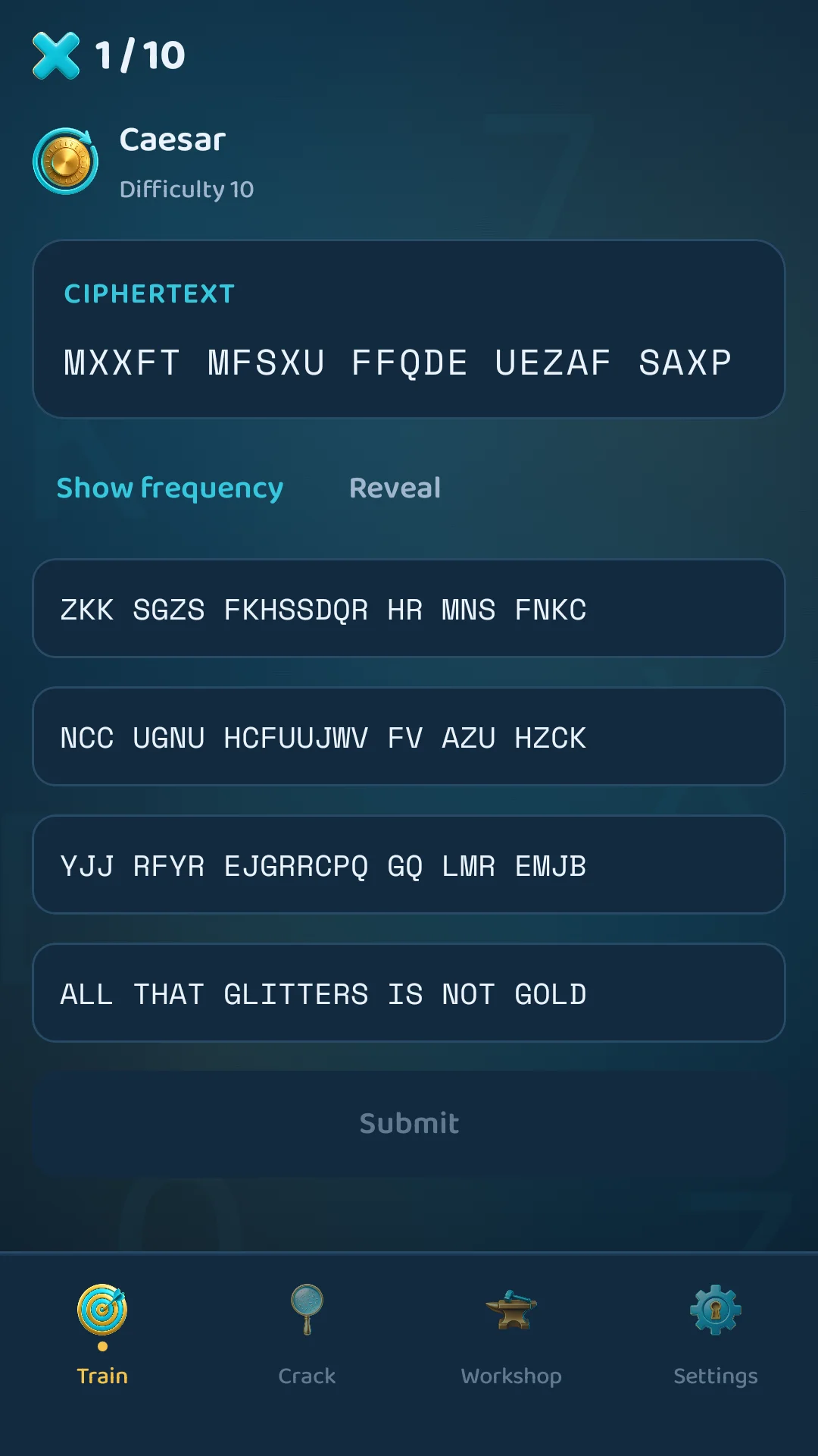 A Caesar puzzle at difficulty 10 showing ciphertext and four candidate plaintext answers