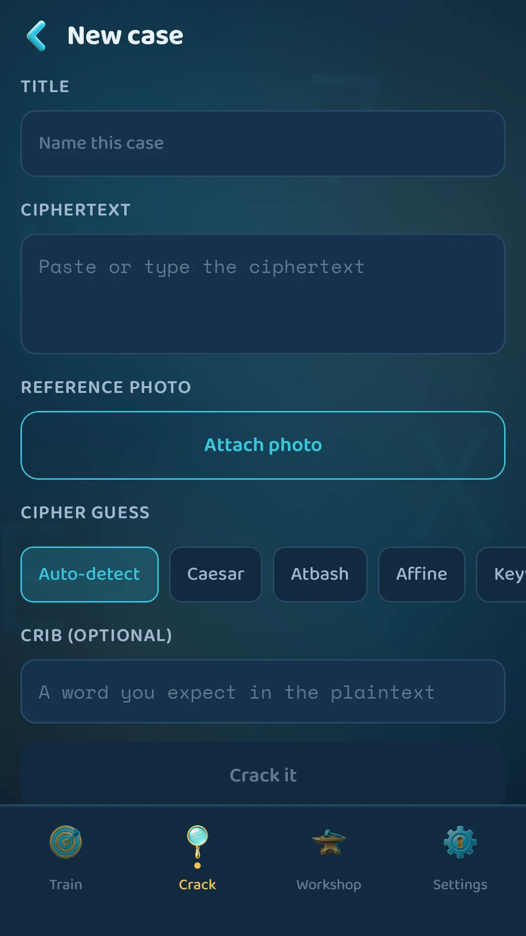 New case screen with fields for title, ciphertext, reference photo, cipher guess chips and a crib